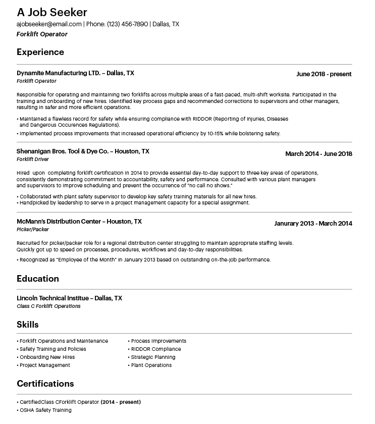forklift operator resume
