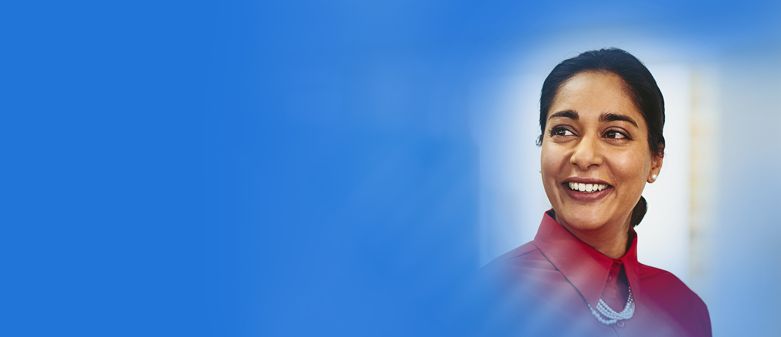 Woman looking to the left side with blue color