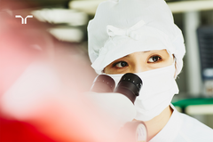 woman in surgical garb working with a microscope