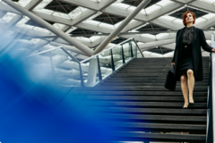 female walking down stairs