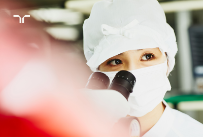 woman in surgical garb working with a microscope