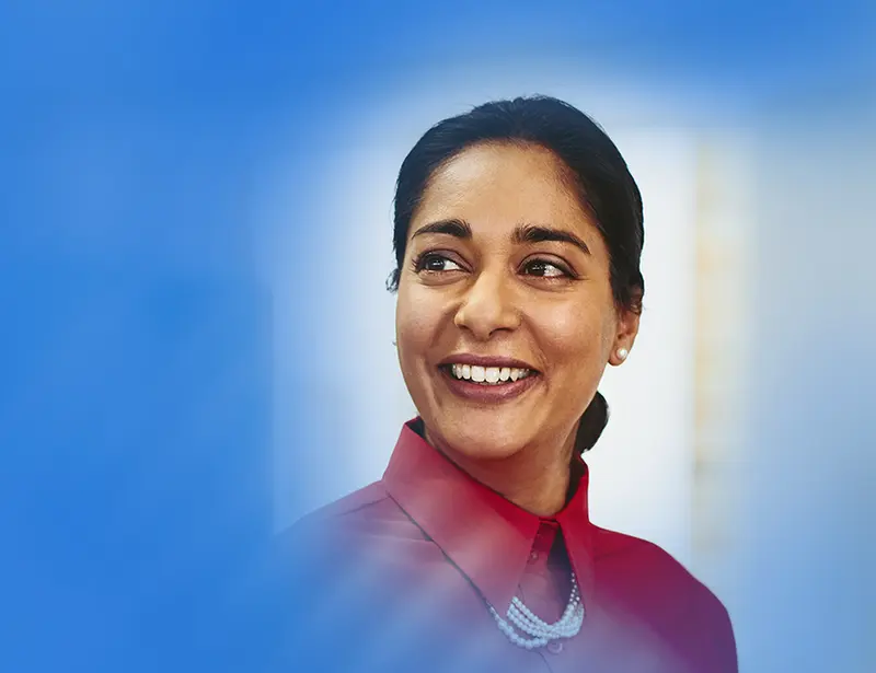 Woman looking to the left side with blue color