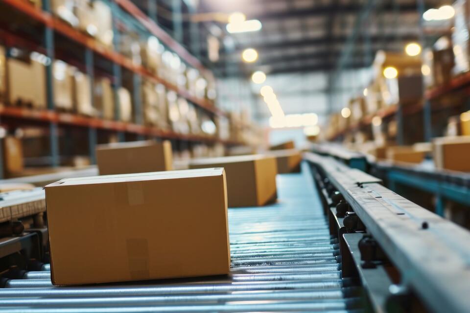 Boxes on conveyor belt in warehouse. This is a freight transportation and distribution warehouse. Industrial and industrial background.